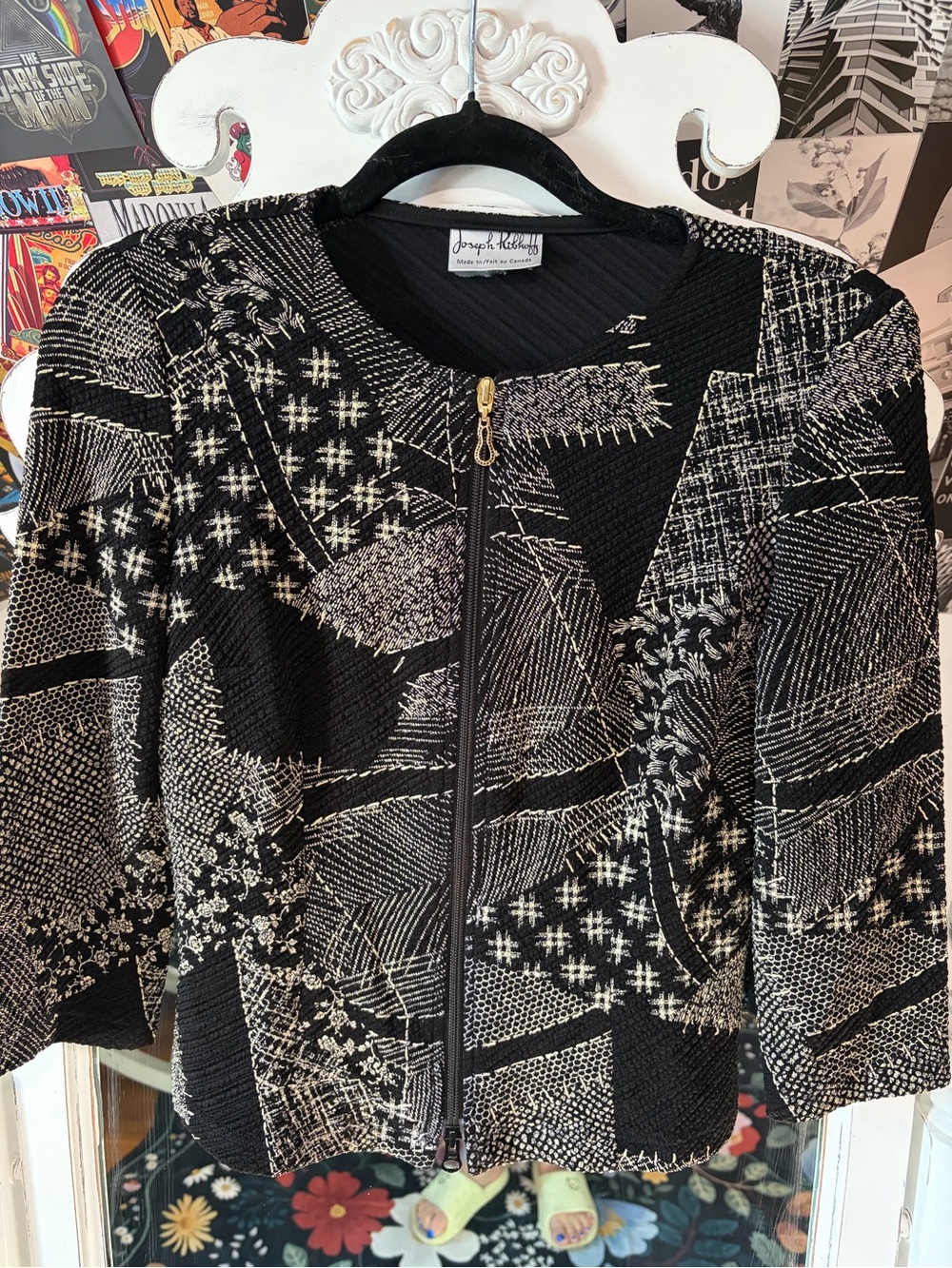 Joseph Ribkoff Black & Ivory Patterned Zip Jacket